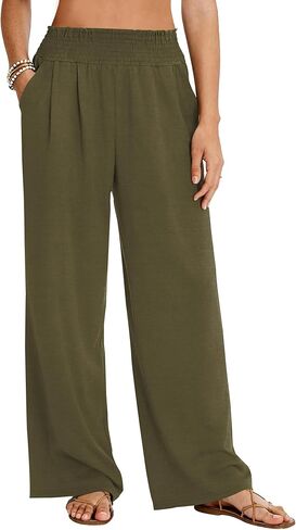 LOMON Palazzo Pants for Women Casual Wide Leg Flowy Pants Beach Vacation Clothes Elastic Waist Boho Trousers with Pockets in Saudi Arabia