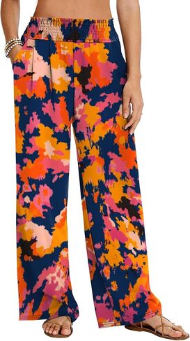 LOMON Palazzo Pants for Women Casual Wide Leg Flowy Pants Beach Vacation Clothes Elastic Waist Boho Trousers with Pockets in Saudi Arabia