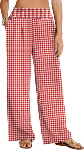 LOMON Palazzo Pants for Women Casual Wide Leg Flowy Pants Beach Vacation Clothes Elastic Waist Boho Trousers with Pockets in Saudi Arabia