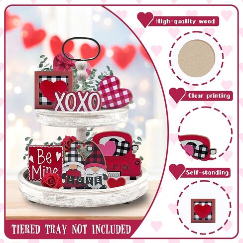 Valentine’s Day Tiered Tray Decor, Farmhouse Tray Decorations Indoor, Buffalo Plaid Gnome Couple Love Heart Truck Wooden Signs, Rustic Valentine Decor for Home Table Wedding Party in Saudi Arabia