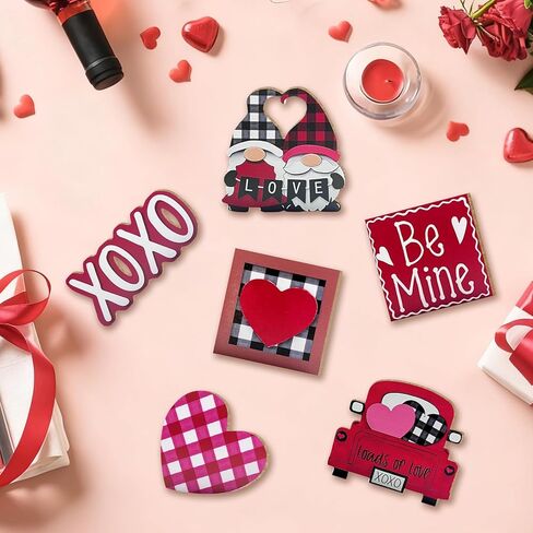 Valentine’s Day Tiered Tray Decor, Farmhouse Tray Decorations Indoor, Buffalo Plaid Gnome Couple Love Heart Truck Wooden Signs, Rustic Valentine Decor for Home Table Wedding Party in Saudi Arabia