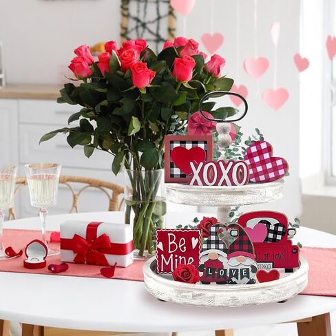 Valentine’s Day Tiered Tray Decor, Farmhouse Tray Decorations Indoor, Buffalo Plaid Gnome Couple Love Heart Truck Wooden Signs, Rustic Valentine Decor for Home Table Wedding Party in Saudi Arabia
