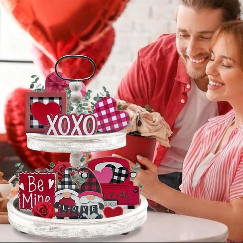 Valentine’s Day Tiered Tray Decor, Farmhouse Tray Decorations Indoor, Buffalo Plaid Gnome Couple Love Heart Truck Wooden Signs, Rustic Valentine Decor for Home Table Wedding Party in Saudi Arabia