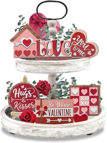 Valentine’s Day Tiered Tray Decor, Farmhouse Tray Decorations Indoor, Buffalo Plaid Gnome Couple Love Heart Truck Wooden Signs, Rustic Valentine Decor for Home Table Wedding Party in Saudi Arabia