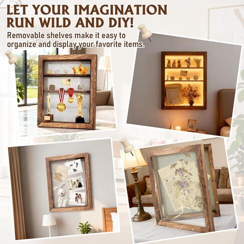 صندوق الظل مقاس 14 × 11 حافظات عرض إطارات الصور البنية مع ضوء LED، وصناديق تذكارات الذاكرة مع 4 أرفف حلية قابلة للإزالة، من أجل الذكرى السنوية لحفلات الزفاف وخريجي الأطفال، مجموعة تذكارية باللون البني الداكن in Kuwait