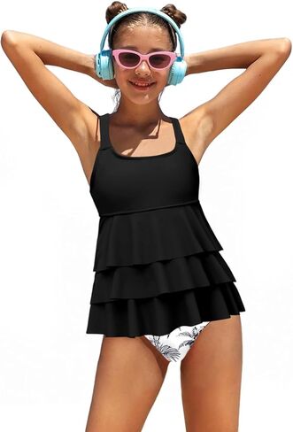 الفتيات ملابس السباحة تكدرت مبطن حزام قابل للتعديل Tankini عالية الخصر ملابس السباحة مجموعة المراهقين فتاة 2 قطعة ثوب السباحة الشاطئ in Kuwait