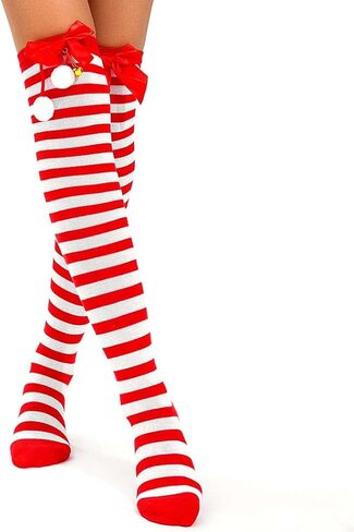 deladola Christmas Striped Thigh High Socks Candy Cane High Stockings with Bow for Women in Saudi Arabia