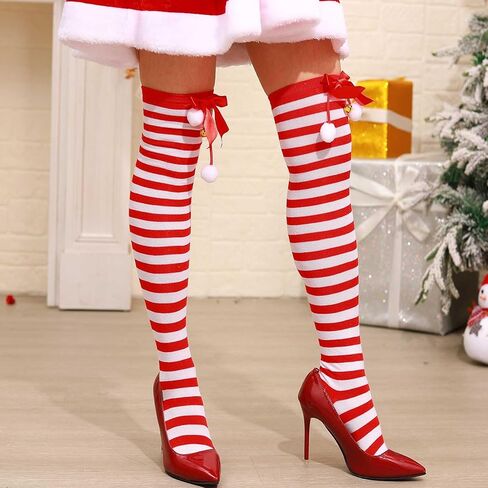 deladola Christmas Striped Thigh High Socks Candy Cane High Stockings with Bow for Women in Saudi Arabia