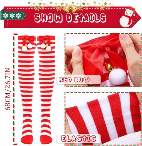 deladola Christmas Striped Thigh High Socks Candy Cane High Stockings with Bow for Women in Saudi Arabia