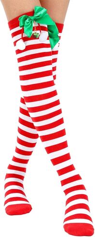 deladola Christmas Striped Thigh High Socks Candy Cane High Stockings with Bow for Women in Saudi Arabia
