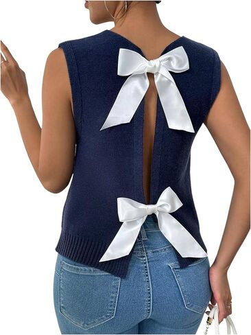 WDIRARA المرأة القوس عقدة الظهر محبوك سترة أعلى Crewneck أكمام البلوز سترة قمم in Kuwait