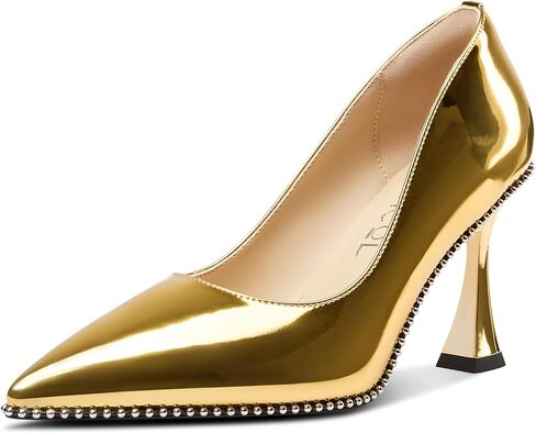 Aachcol Womens Stiletto Pumps Pointed Toe Patent Leather Kitten Heel Slip-on Beaded Party Dress Shoes in Saudi Arabia