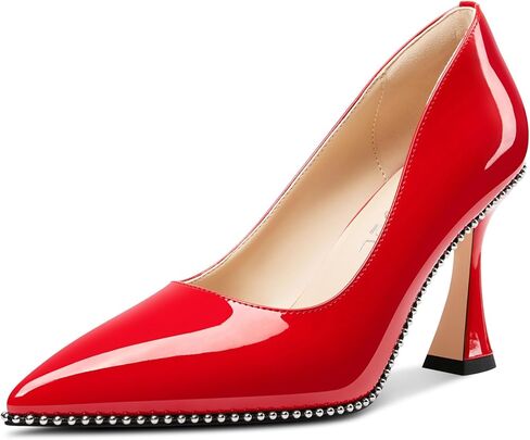 Aachcol Womens Stiletto Pumps Pointed Toe Patent Leather Kitten Heel Slip-on Beaded Party Dress Shoes in Saudi Arabia