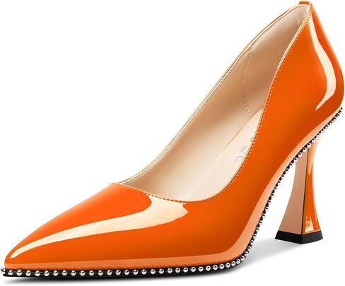 Aachcol Womens Stiletto Pumps Pointed Toe Patent Leather Kitten Heel Slip-on Beaded Party Dress Shoes in Saudi Arabia
