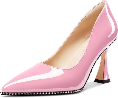 Aachcol Womens Stiletto Pumps Pointed Toe Patent Leather Kitten Heel Slip-on Beaded Party Dress Shoes in Saudi Arabia