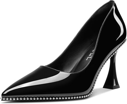 Aachcol Womens Stiletto Pumps Pointed Toe Patent Leather Kitten Heel Slip-on Beaded Party Dress Shoes in Saudi Arabia