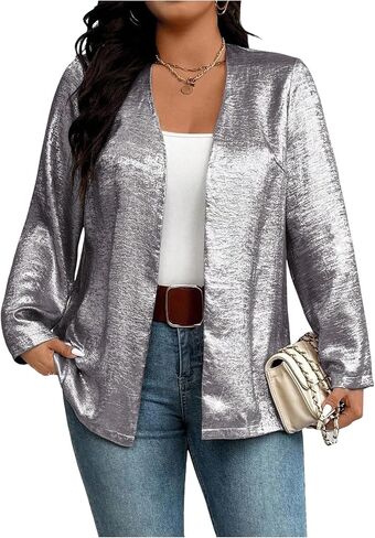 SHENHE Women's Plus Size Sparkly Metallic Jacket Open Front Lightweight 70s Disco Party Jacket in Saudi Arabia