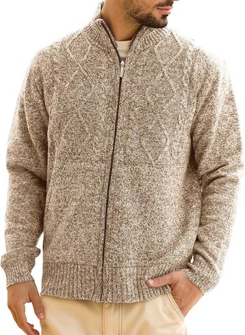 Les umes Mens Knitted Full Zipper Cardigan Fleece Lined Sweater Warm Stand Collar Jumper Coat with Pockets in Kuwait