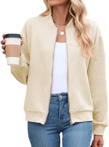 Schine Women's Lightweight Textured Bomber Jacket - Zip Front Crew Neck Loose Fit Long Sleeve Comfortable Casual Outerwear in Kuwait