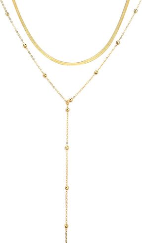 Lariat Gold Necklace for Women, Dainty Long Necklace 14k Gold Plated Y-Shaped Pendant Necklace Trendy Layered Beaded Chain Drop Necklaces Simple Gold Jewelry For Women Gifts in Saudi Arabia