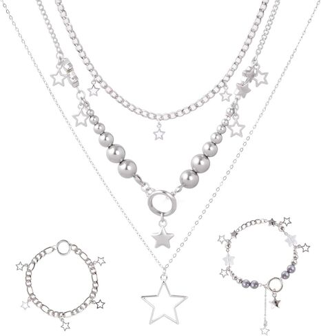 Y2K Silver Star Necklace Jewelry Set Grunge Layered Necklace Hip Hop Vintage Aesthetics Y2k Accessories Set in Saudi Arabia