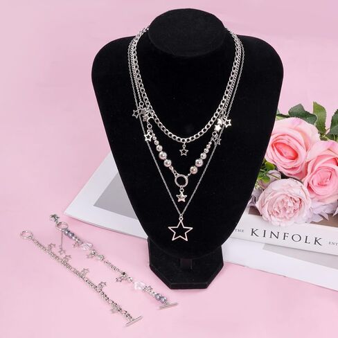 Y2K Silver Star Necklace Jewelry Set Grunge Layered Necklace Hip Hop Vintage Aesthetics Y2k Accessories Set in Saudi Arabia