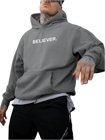 Men's Fall Hoodies Letter Graphic Hooded Sweatshirts Casual Loose Pullover Tops with Pocket in Saudi Arabia