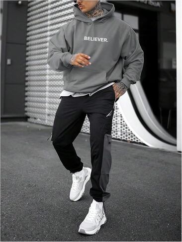 Men's Fall Hoodies Letter Graphic Hooded Sweatshirts Casual Loose Pullover Tops with Pocket in Saudi Arabia
