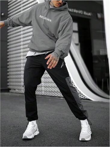 Men's Fall Hoodies Letter Graphic Hooded Sweatshirts Casual Loose Pullover Tops with Pocket in Saudi Arabia
