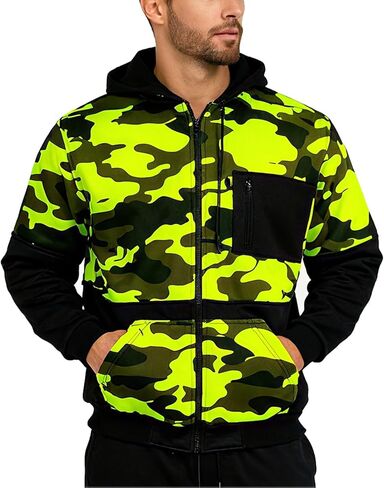 Men's Camo Fleece Hoodie Zipper Casual Military Sweatshirt with Pocket Hi Vis Construction Work Jakcet in Saudi Arabia