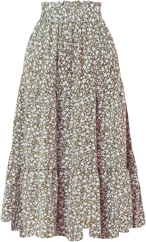 تنورة SHENHE النسائية ذات الحافة المكشكشة والمطبوعة بالورود تنورة متوسطة الطول كاجوال على شكل حرف A بخصر مطاطي للعطلات in Kuwait