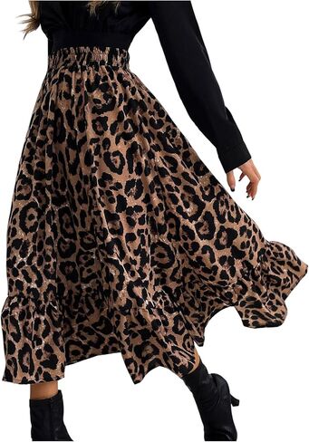 تنورة SweatyRocks النسائية ذات الكشكشة وطبعة الفهد تنورة متوسطة الطول كاجوال بخصر عالٍ تنانير واسعة على شكل حرف A in Kuwait