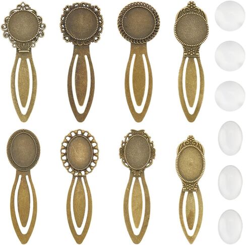SUNNYCLUE 1 Box 16Pcs DIY 8 Sets Vintage Bookmark Metal Antique Bronze Bookmark Bezel Tray Cabochon Bookmarks Making Kit Clear Glass Cabochons Book Mark Blanks Bookmark Bezels for Adults DIY Crafts in Kuwait