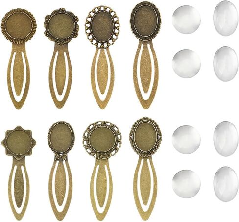SUNNYCLUE 1 Box 16Pcs DIY 8 Sets Vintage Bookmark Metal Antique Bronze Bookmark Bezel Tray Cabochon Bookmarks Making Kit Clear Glass Cabochons Book Mark Blanks Bookmark Bezels for Adults DIY Crafts in Kuwait
