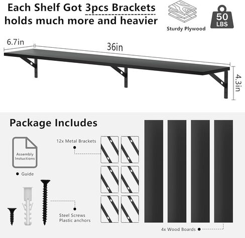 Floating Shelves for Wall 36 Inches Long Set of 4, Large Black Floating Book Shelves Wall Mounted, Heavy Duty Bedroom Shelves for Living Room, Office, Kitchen, Library, Laundry in Saudi Arabia