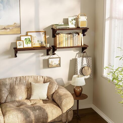 Alsonerbay Wood Floating Shelves for Wall 3 Pack, 17 inch Rustic Wall Shelves with Hook, Decorative Hanging Shelves for Bedroom Living Room Nursery Office and More Light Walnut in Kuwait