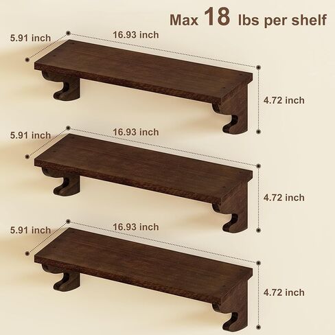Alsonerbay Wood Floating Shelves for Wall 3 Pack, 17 inch Rustic Wall Shelves with Hook, Decorative Hanging Shelves for Bedroom Living Room Nursery Office and More Light Walnut in Kuwait