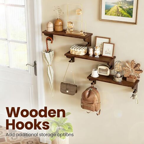 Alsonerbay Wood Floating Shelves for Wall 3 Pack, 17 inch Rustic Wall Shelves with Hook, Decorative Hanging Shelves for Bedroom Living Room Nursery Office and More Light Walnut in Kuwait