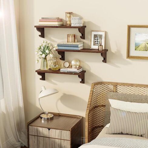 Alsonerbay Wood Floating Shelves for Wall 3 Pack, 17 inch Rustic Wall Shelves with Hook, Decorative Hanging Shelves for Bedroom Living Room Nursery Office and More Light Walnut in Kuwait