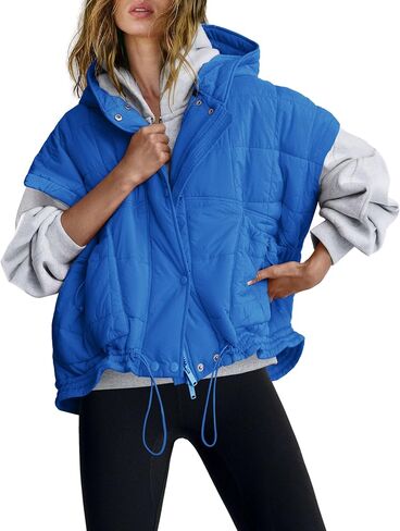 SENSERISE Womens Oversized Puffer Vest Sleeveless Quilted Jacket Zip Up Hooded Puffy Vest Ponchos Coats with Pockets in Saudi Arabia