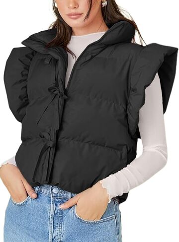 Tankaneo Womens Cropped Puffer Vest Ruffle Sleeveless Tie Front Stand Collar Quilted Vest Winter Zip Up Padded Gilets Coats in Saudi Arabia