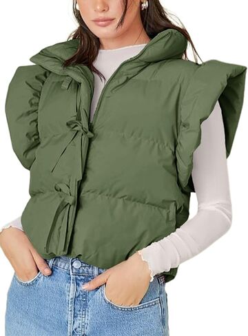 Tankaneo Womens Cropped Puffer Vest Ruffle Sleeveless Tie Front Stand Collar Quilted Vest Winter Zip Up Padded Gilets Coats in Saudi Arabia