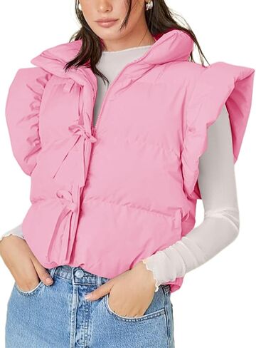 Tankaneo Womens Cropped Puffer Vest Ruffle Sleeveless Tie Front Stand Collar Quilted Vest Winter Zip Up Padded Gilets Coats in Saudi Arabia