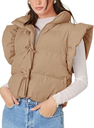 Tankaneo Womens Cropped Puffer Vest Ruffle Sleeveless Tie Front Stand Collar Quilted Vest Winter Zip Up Padded Gilets Coats in Saudi Arabia