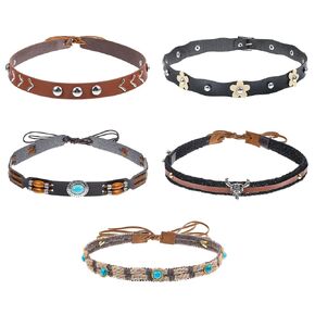 6Pcs Cowboy Hat Bands, Ethnic Western Hats Belts, 5 Styls Adjustable Leather Cowboy Hat Band for Women Men, Classical Western Hatbands Decorating Supplies with Turquoise, Beaded, Flower, Cow Pattern in Saudi Arabia