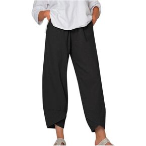 Linen Capri Pants for Womens Casual Cotton Cropped Elastic Waist Lounge Baggy Palazzo Trousers with Pockets in Saudi Arabia
