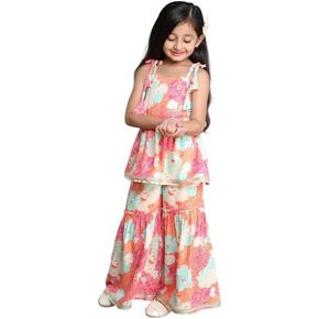 Girls Party Wear Rayon Fabric Floral Printed 3/4 Sleeves Anarkali Kurta Sharara with Dupatta in Kuwait