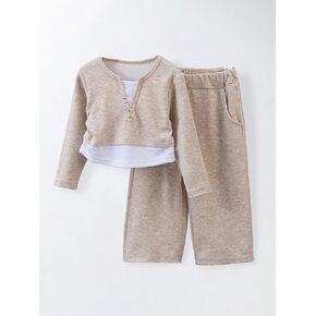 Girls 2-Piece Casual Outfit, Beige Ribbed Cotton Long Sleeve Henley Top and Wide Leg Pants Set in Kuwait