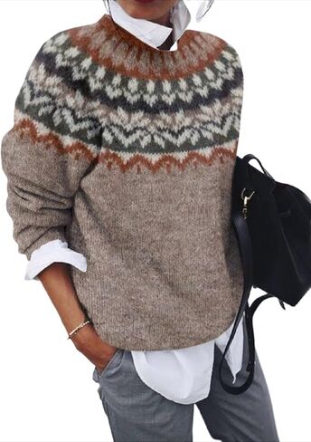 Fair Isle Sweater Retro Nordic Cable Crewneck Sweater Knit Vintage Sweater in Saudi Arabia