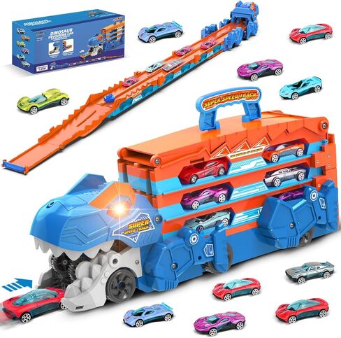 Dinosaur Transport Truck Car Toy for Kids - 3 in 1 Ejection Folding Track Toys w/Sound, Portable Truck with 8 Race Cars, Best Gift Carrier Vehicles Toys Set for Boys Girls 3 4 5 6 Years Old in Kuwait